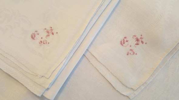 Linen napkins monogrammed by my great-grandmother Elise Köhlau before her marriage to Anselm Höber n 1865.